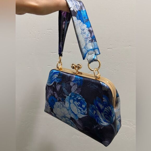 Floral Print Genuine Leather Handmade Kisslock Boxy Bag, Wristlet, Crossbody - Picture 11 of 14